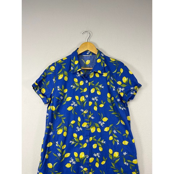 Fruit Core Lemon Print Women Blue Yellow Cotton Linen Button Front Shirt Dress - Picture 8 of 9